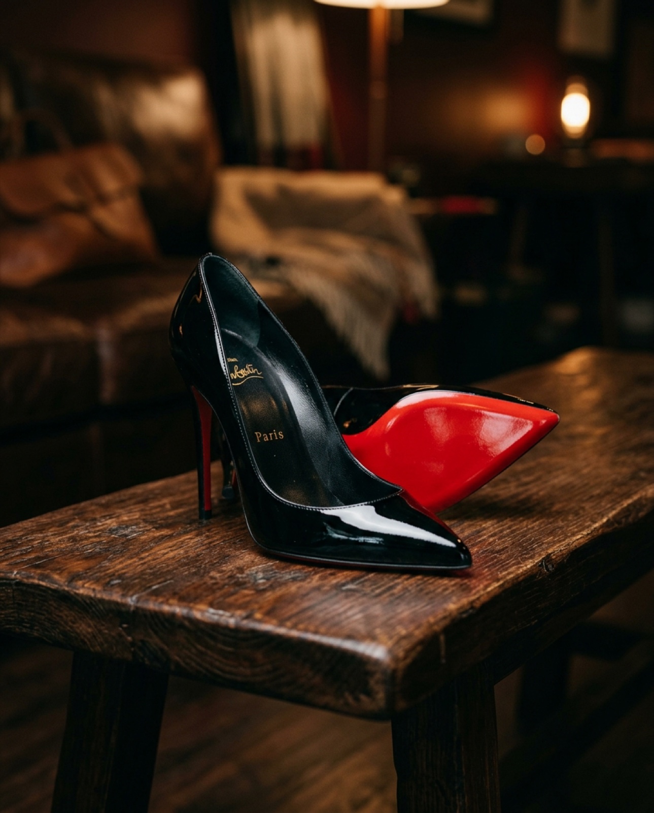 Restored black stiletto with pristine glossy red Louboutin sole on a dark walnut bench.
