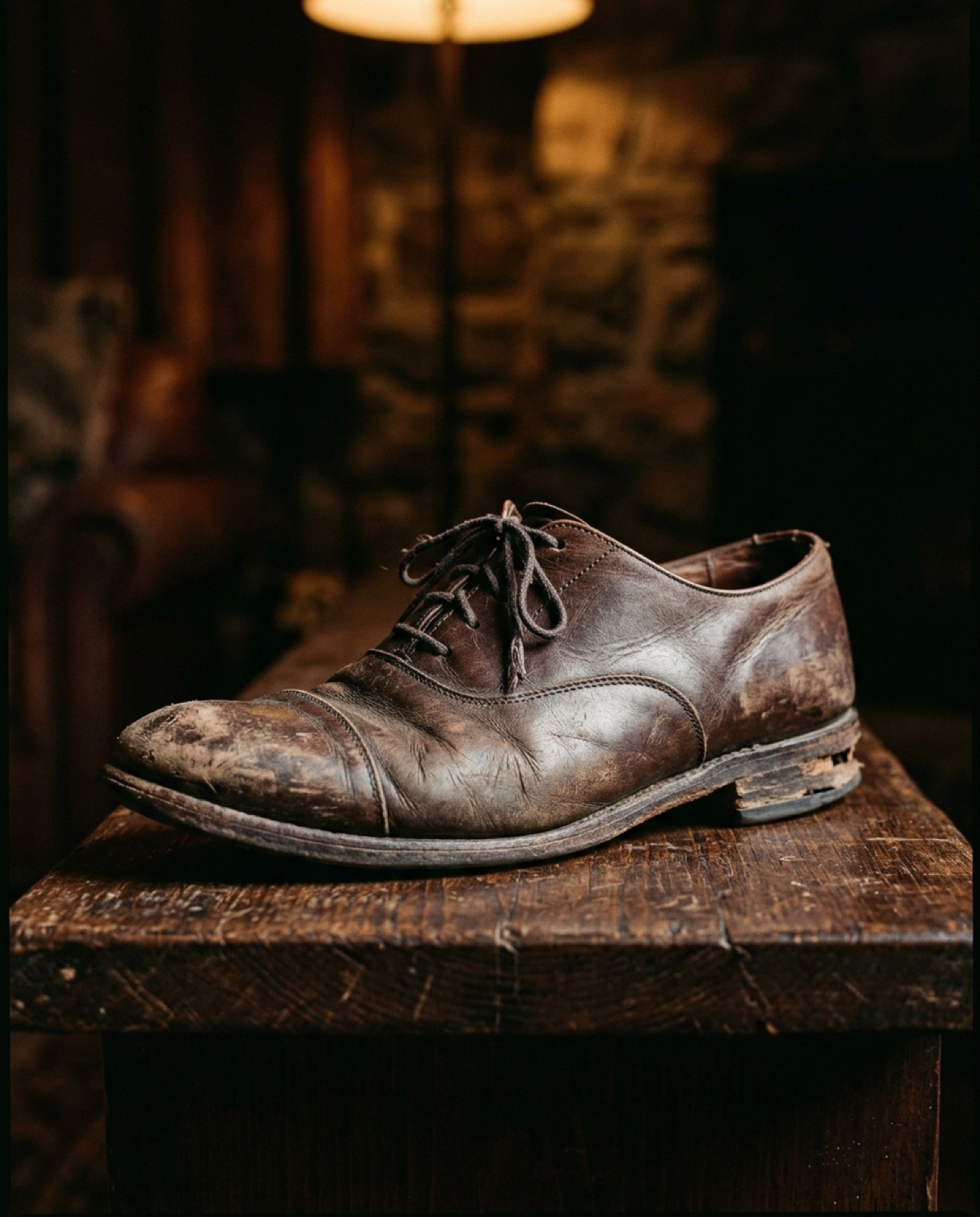 A worn brown leather oxford with scuffed toe and faded finish before restoration.
