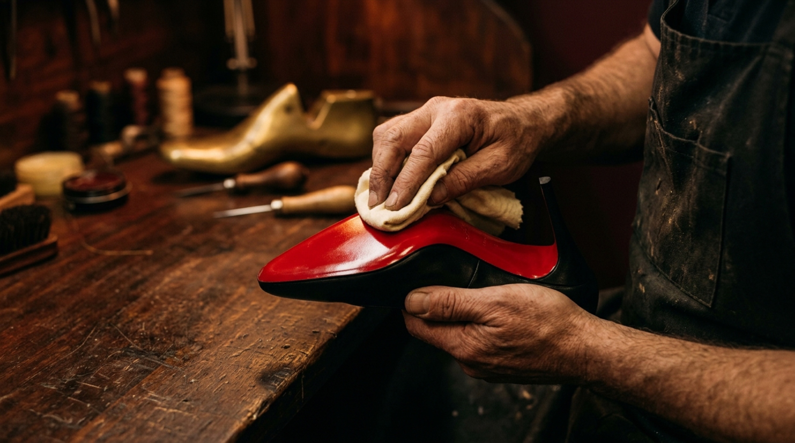 A craftsman's hands polishing a red sole with a cream cloth on a dark walnut workbench.