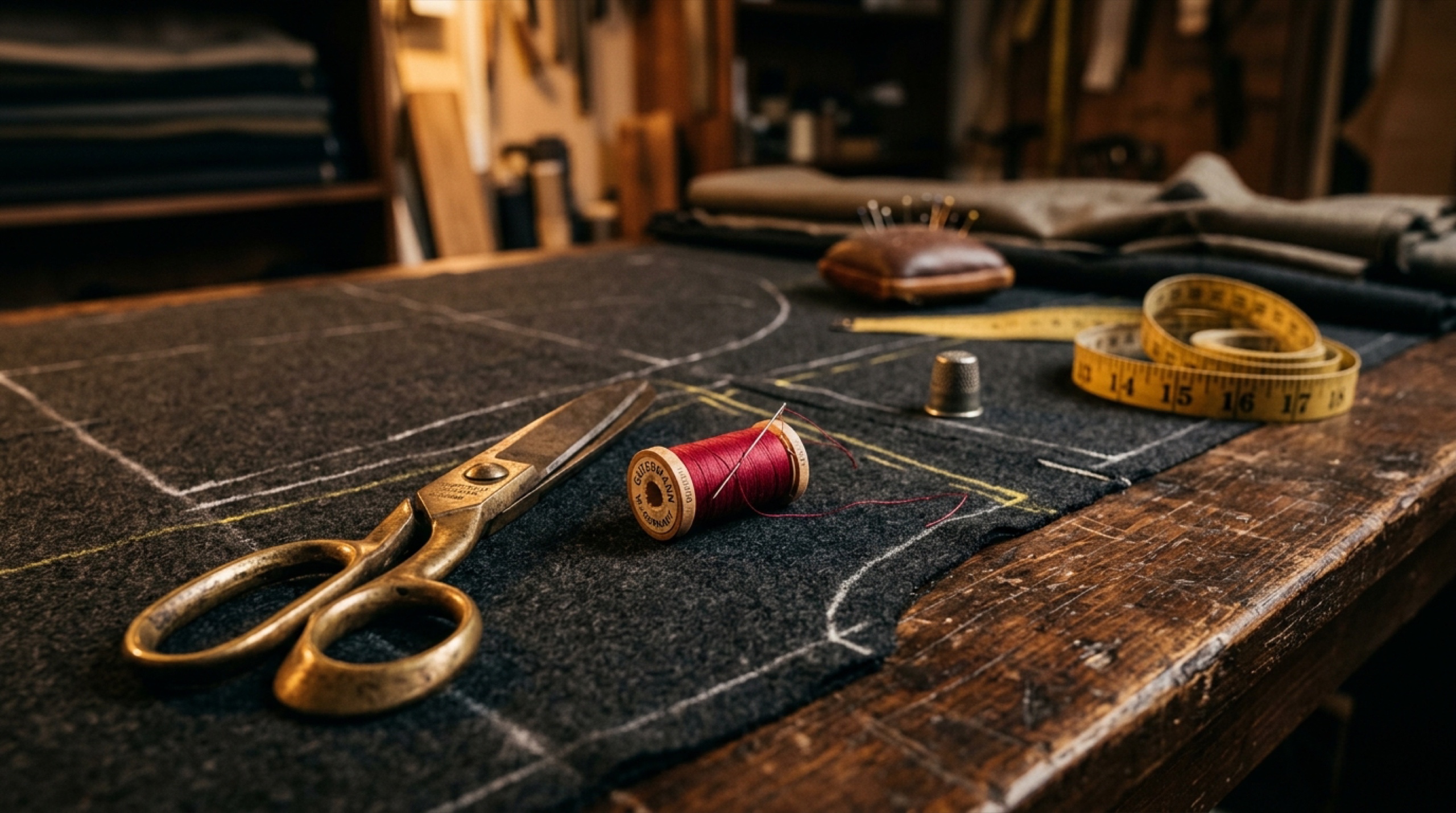 A tailor's workbench with brass scissors, crimson thread, and charcoal wool fabric.