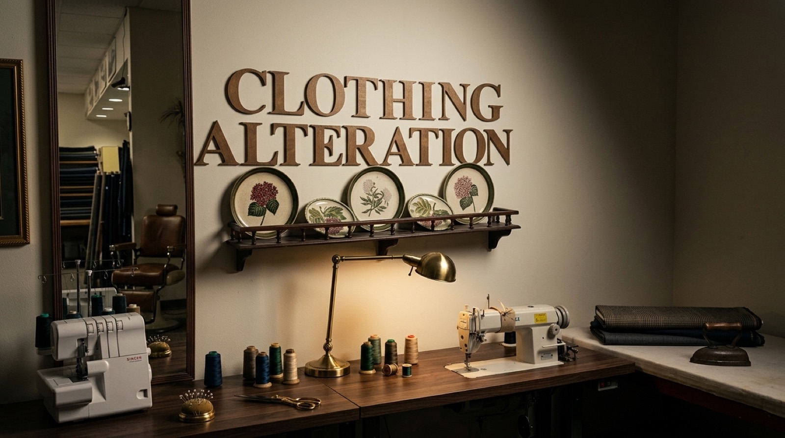 A wooden 'CLOTHING ALTERATION' sign above sewing machines lit by a warm tungsten lamp.